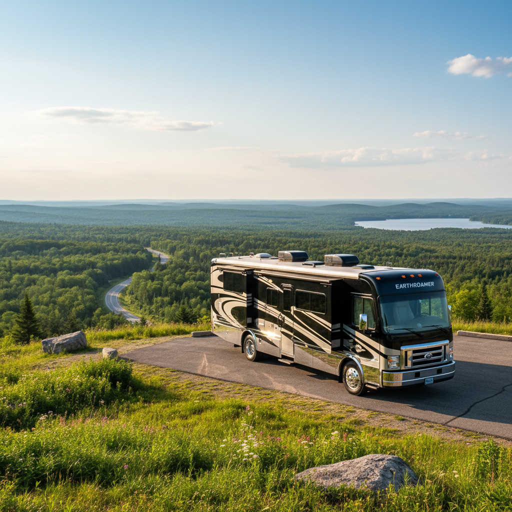 Gleaming luxury motorhome parked in scenic Ontario landscape, freshly detailed
