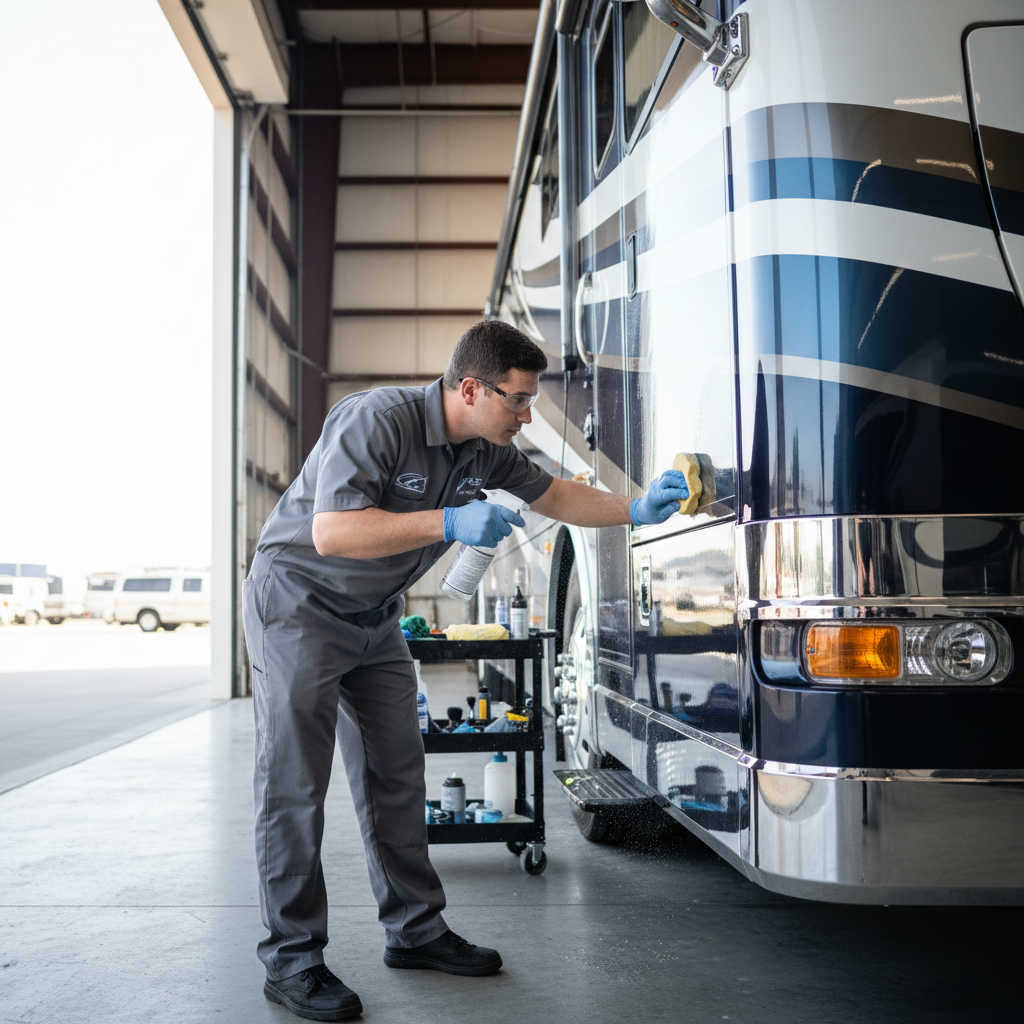 Professional RV detailing technician applying ceramic coating to a large motorhome